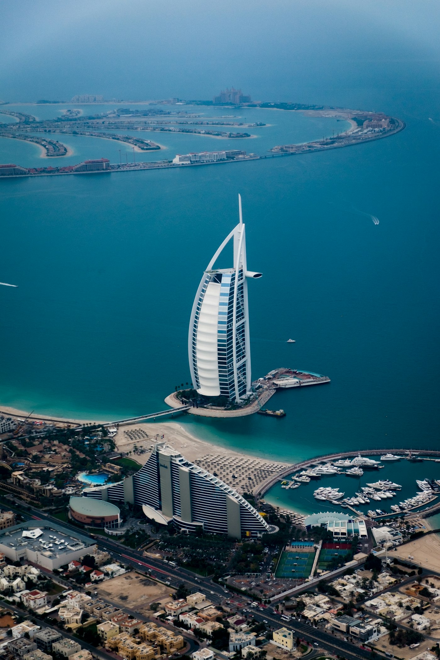 Aerial view of Dubai's coastline and the Burj Al Arab