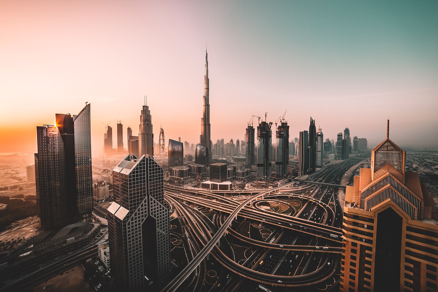 Dubai skyline at sunset with the Burj Khalifa
